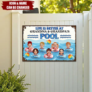 Life is Better at Grandma & Grandpa Pool Personalized Metal Sign, Grandchildren Welcome Sign