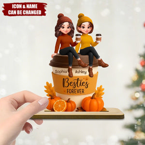 Fall Season Besties Sitting On Pumpkin Spice Latte Personalized Standing Wooden Plaque