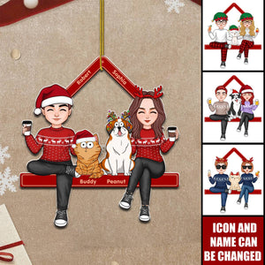 Cute Couple Sitting With Dogs Cats Personalized Acrylic Ornament