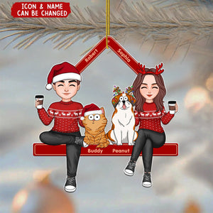 Cute Couple Sitting With Dogs Cats Personalized Acrylic Ornament