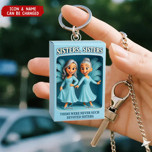 Sisters Besties in Blue Dress Custom Name Toy Box Figure Style Personalized Acrylic Keychain