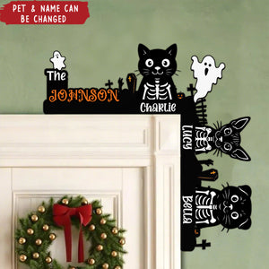 Halloween Skeleton Pet With Custom Family Name - Personalized Door Corner Wood Sign