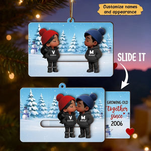 Cartoon Couple Kissing - Personalized Slider Ornament - Christmas Gift For Him For Her