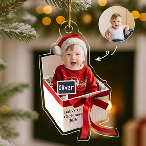 Personalized Baby Photo Acrylic Ornament, 1st Christmas Gift Box Ornament, Newborn Keepsake
