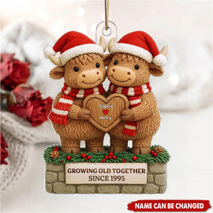 Christmas Highland Cows Couple Growing Old Together - Personalized Acrylic Ornament - Gift For Couple