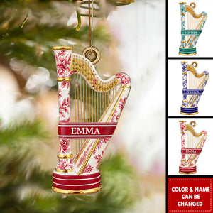 Harp Toile de Jouy Ornament - Personalized Gift For Music Lovers