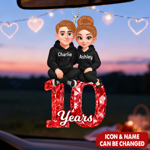 Couple Sitting Anniversary Date Crystal Effect - Personalized Acrylic Car Ornament - Sentimental Gift for Her, Gift for Him