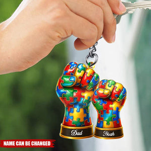 Colorful Puzzle Fist Dad And Kid Personalized Autism Awareness Keychain