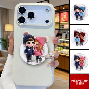 Cute Cartoon Couple Walking Personalized Acrylic Magnetic Phone Grip, Unique Gift for Couples