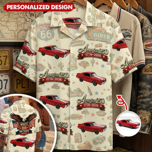 Custom Car Photo Route 66 and America Patriotic 250th Anniversary Hawaii Shirt