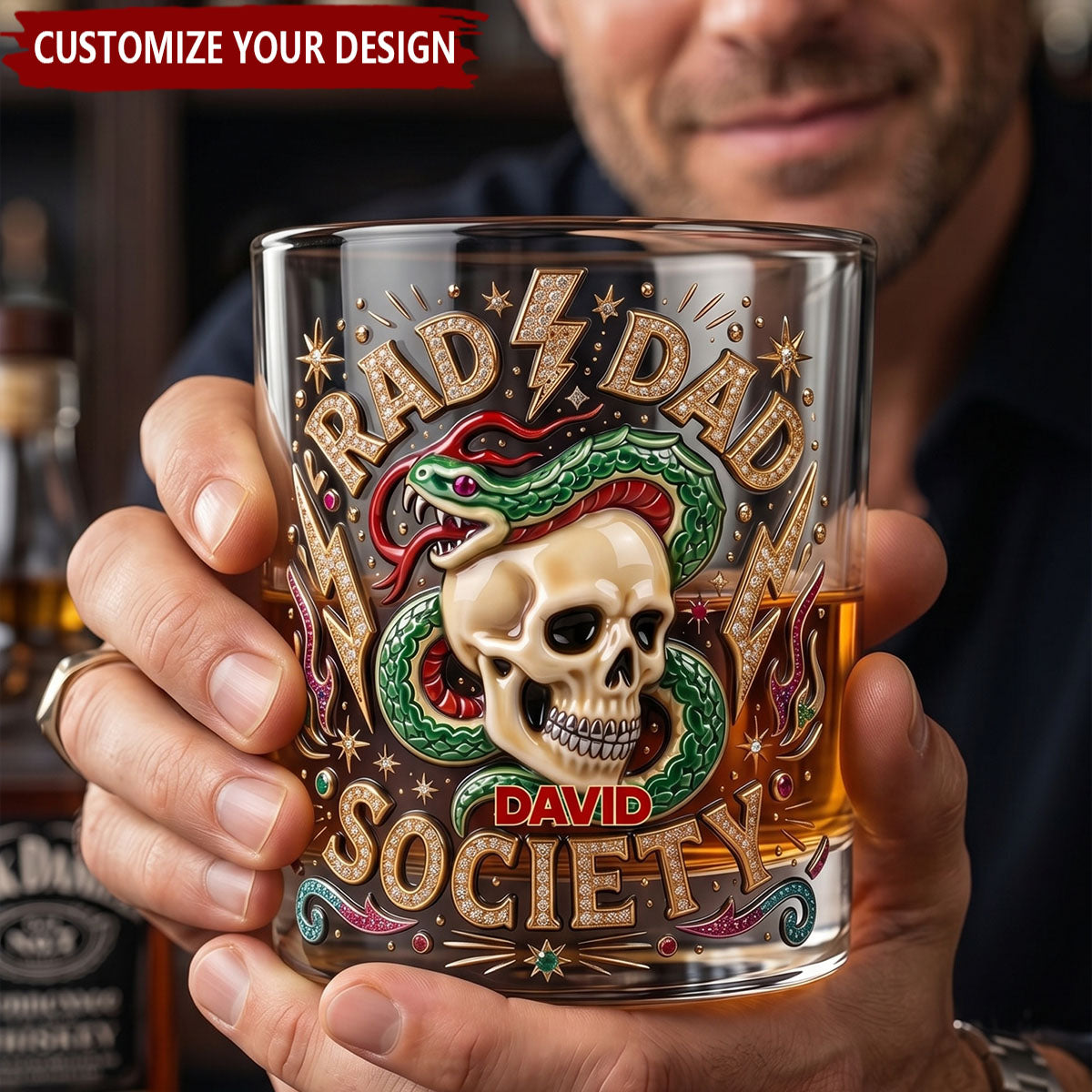 Bold Badass Dad Round Whiskey Glass - Personalized Gift For Dad, Grandpa