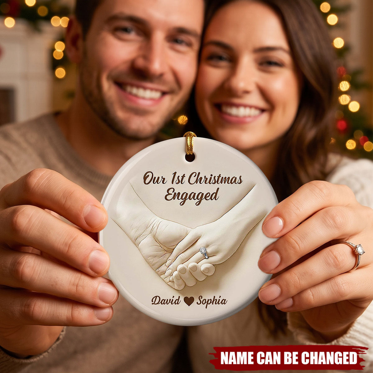 Our 1st Christmas Engaged, Hands With Ring, Custom Ceramic Ornament, Gift For Engaged Couples