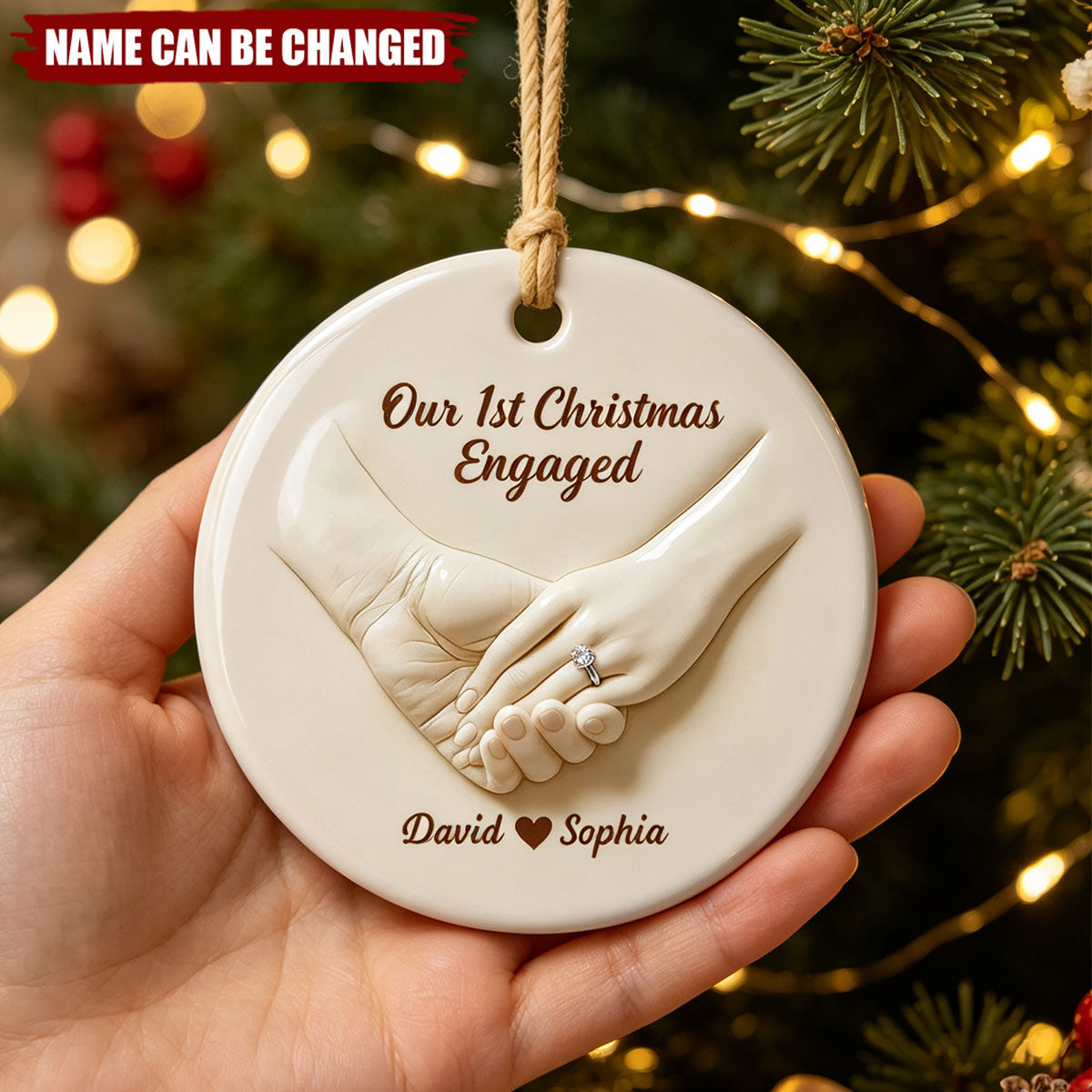 Our 1st Christmas Engaged, Hands With Ring, Custom Ceramic Ornament, Gift For Engaged Couples