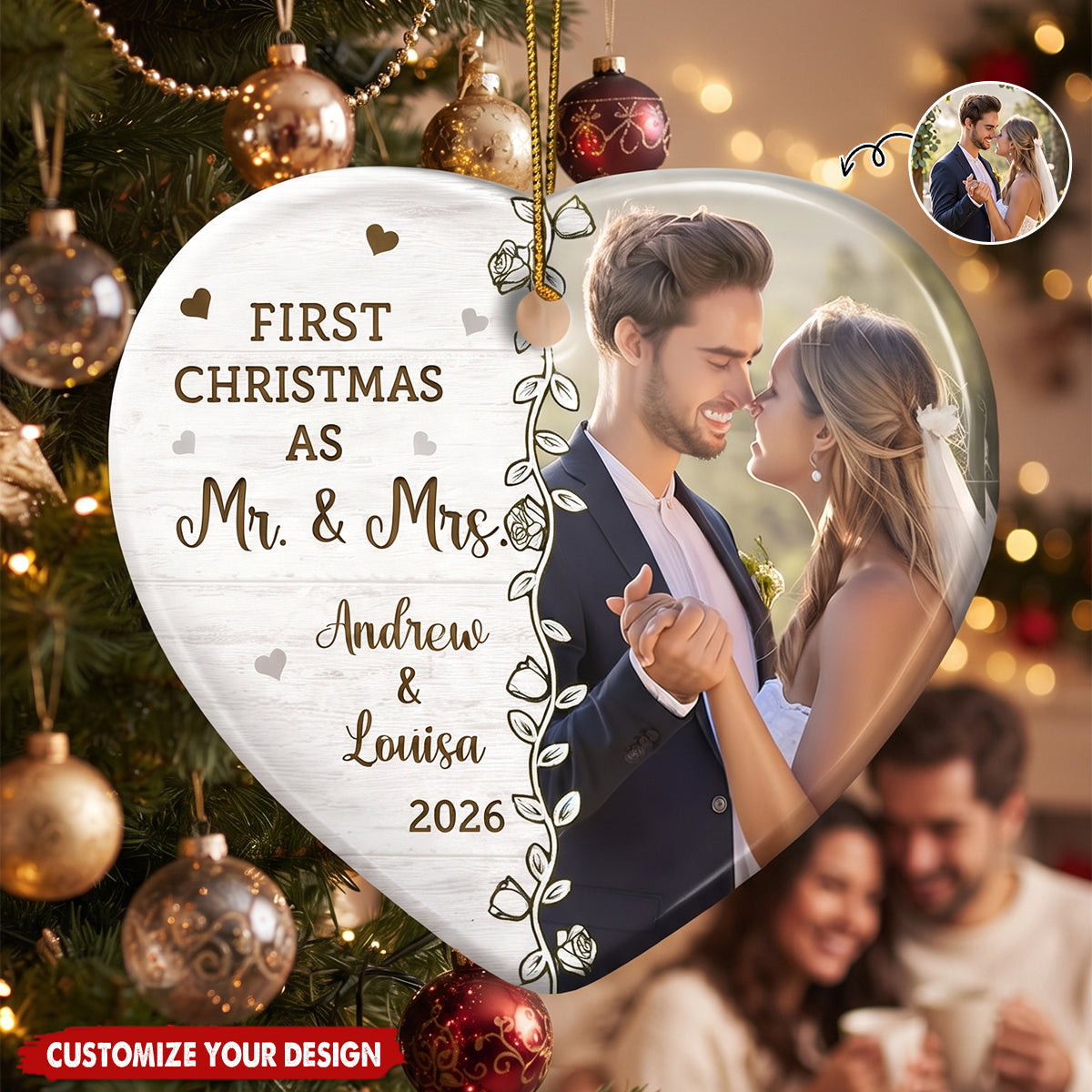 Custom Photo First Christmas Married - Personalized Ceramic Ornament