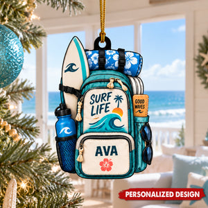 Custom Surfing Backpack Christmas Ornament, Personalized Name Surfboard Tree Decor