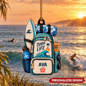 Custom Surfing Backpack Christmas Ornament, Personalized Name Surfboard Tree Decor