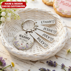 This Nanny, Mummy Belongs To - Personalised Flower Family Stainless Steel Keychain, Mother's Day Gift