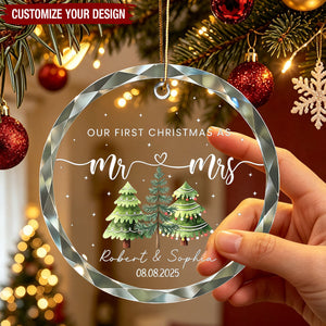 Our First Christmas As Mr & Mrs Glass Ornament, Custom Name, Newlywed Couple Family Gift