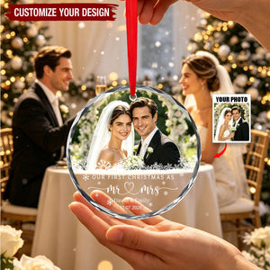 Our First Christmas As Mr & Mrs Custom Photo Ornament - Personalized Glass Ornament