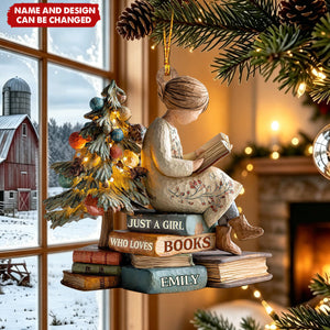 Personalized Book Lover Christmas Ornament, Girl Who Loves Books