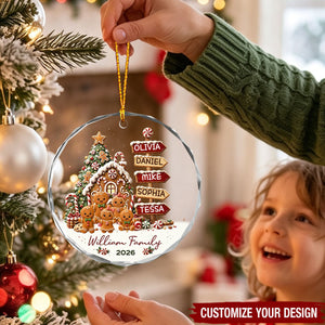 Personalized 2026 Family Glass Christmas Ornament - Custom Name Gingerbread Sign Post