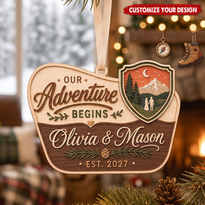 Personalized Wooden Couple Ornament, Our Adventure Begins Mountain Christmas Souvenir