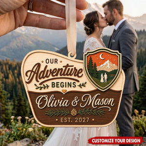 Personalized Wooden Couple Ornament, Our Adventure Begins Mountain Christmas Souvenir