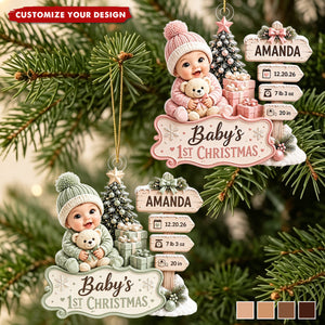 Personalized Baby’s First Christmas Acrylic Ornament, Custom Birth Stats Keepsake, Newborn Name Date Weight Gift