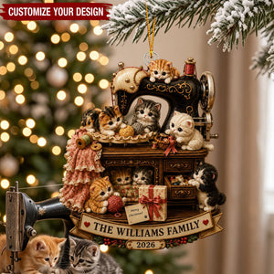 Personalized Sewing Machine Cat Acrylic Ornament, Custom Cat Family Christmas Gift For Cat Mom