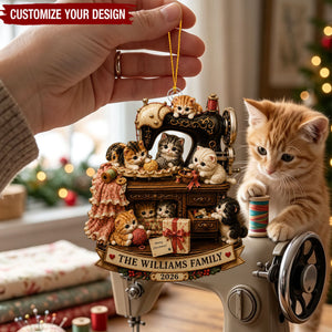 Personalized Sewing Machine Cat Acrylic Ornament, Custom Cat Family Christmas Gift For Cat Mom