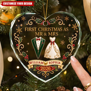 Personalized Heart Shaped Glass Ornament - First Christmas As Mr. & Mrs. Vintage