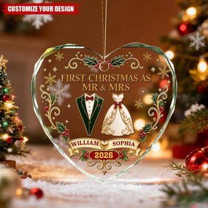 Personalized Heart Shaped Glass Ornament - First Christmas As Mr. & Mrs. Vintage