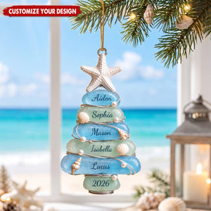 Personalized 2026 Sea Glass Tree Acrylic Ornament, Coastal Family Christmas Keepsake