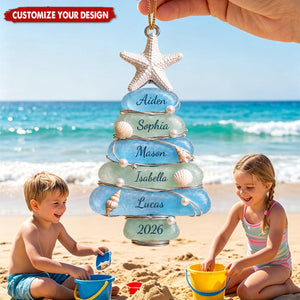 Personalized 2026 Sea Glass Tree Acrylic Ornament, Coastal Family Christmas Keepsake