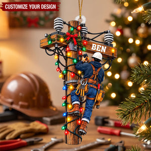 Custom Lineman Christmas Ornament, Power Pole Climber Utility Worker Gift