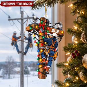 Custom Lineman Christmas Ornament, Power Pole Climber Utility Worker Gift