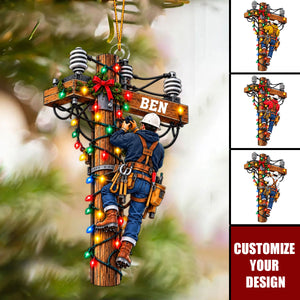 Custom Lineman Christmas Ornament, Power Pole Climber Utility Worker Gift