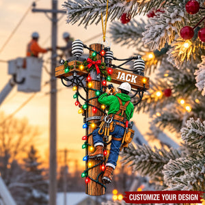 Custom Lineman Christmas Ornament, Power Pole Climber Utility Worker Gift