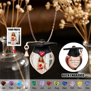 Graduation Cap Custom Photo With Engraved Text Birthstone Necklace, Gift For High School College Graduates