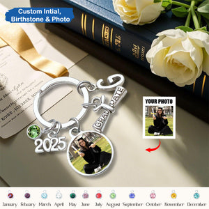 Initial Birthstone 2025 Graduation Custom Photo Keyring