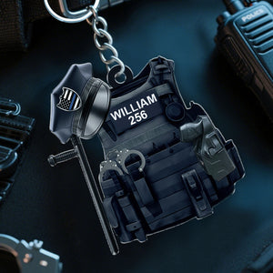 PERSONALIZED POLICE KEYCHAIN, CUSTOM NAME POLICE VEST FULL SET, BATON/TONFA & GUN FLAT KEYCHAIN