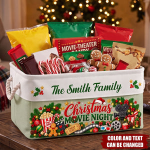 Christmas Movie Night Basket - Supplies Snack Storage Basket With Handles - Personalized Storage Basket