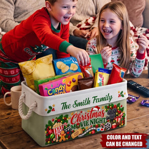 Christmas Movie Night Basket - Supplies Snack Storage Basket With Handles - Personalized Storage Basket