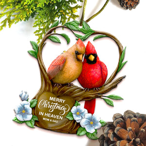 Merry Christmas In Heaven - Personalized Memorial Wooden Ornament - Cardinal Couple