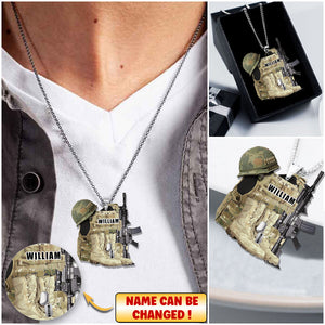 Veteran Boots, Bulletproof Vest, Helmet and Gun -Personalized Stainless Steel Necklace