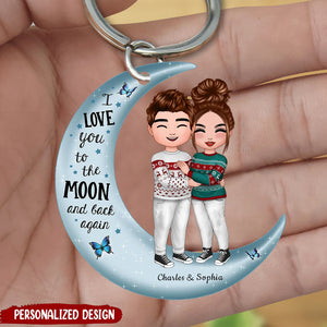 Doll Couple Standing Hugging On Moon Personalized Keychain