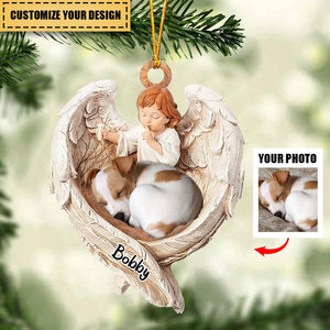 Dog Christmas Ornament - Dog Lover Gifts - Sleeping Pet Within Angel Wings - Custom Ornament from Photo
