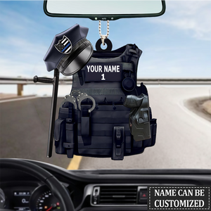 PERSONALIZED POLICE ORNAMENT, CUSTOM NAME POLICE VEST FULL SET, BATON/TONFA & GUN FLAT ORNAMENT