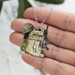 Veteran Boots, Bulletproof Vest, Helmet and Gun -Personalized Stainless Steel Necklace