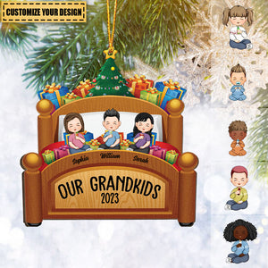 Grandkids Family Joyful Xmas In Bed - Personalized Custom Shaped Wooden Ornament With Bow